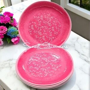 4 Nicole Miller Pink White Floral Micro Flower Summer Melamine Dinner Plates New